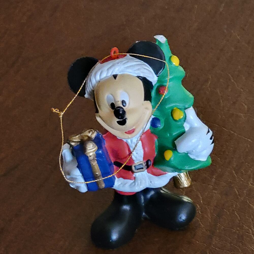 Vintage Walt Disney Mickey Mouse Holding Christmas Tree Gifts Ornament 4" Tall
